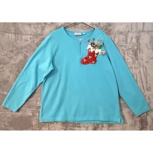 Quacker Factory Top Womens Size L Blue Christmas Embroidered Holiday Teacher